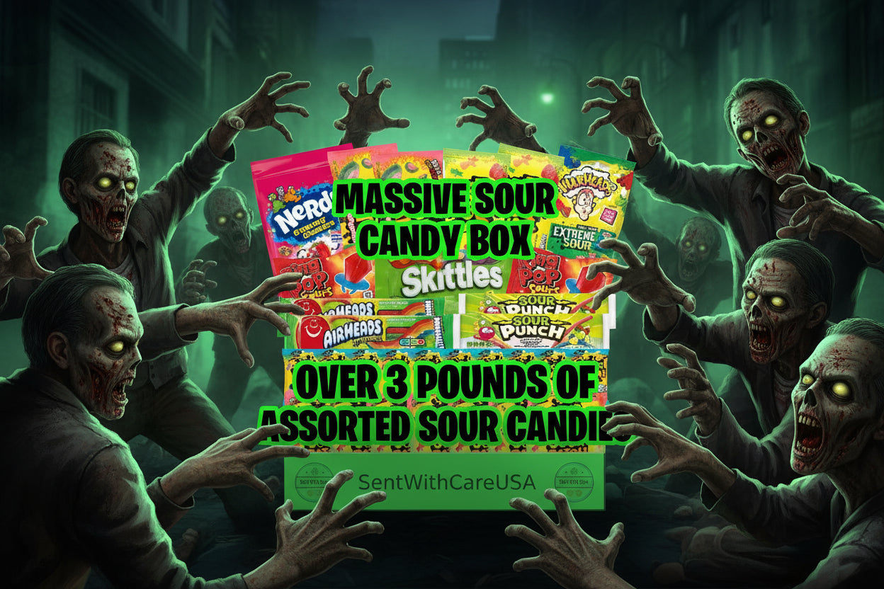 Assorted sour candy packages with text about a massive sour candy box from SentWithCareUSA.